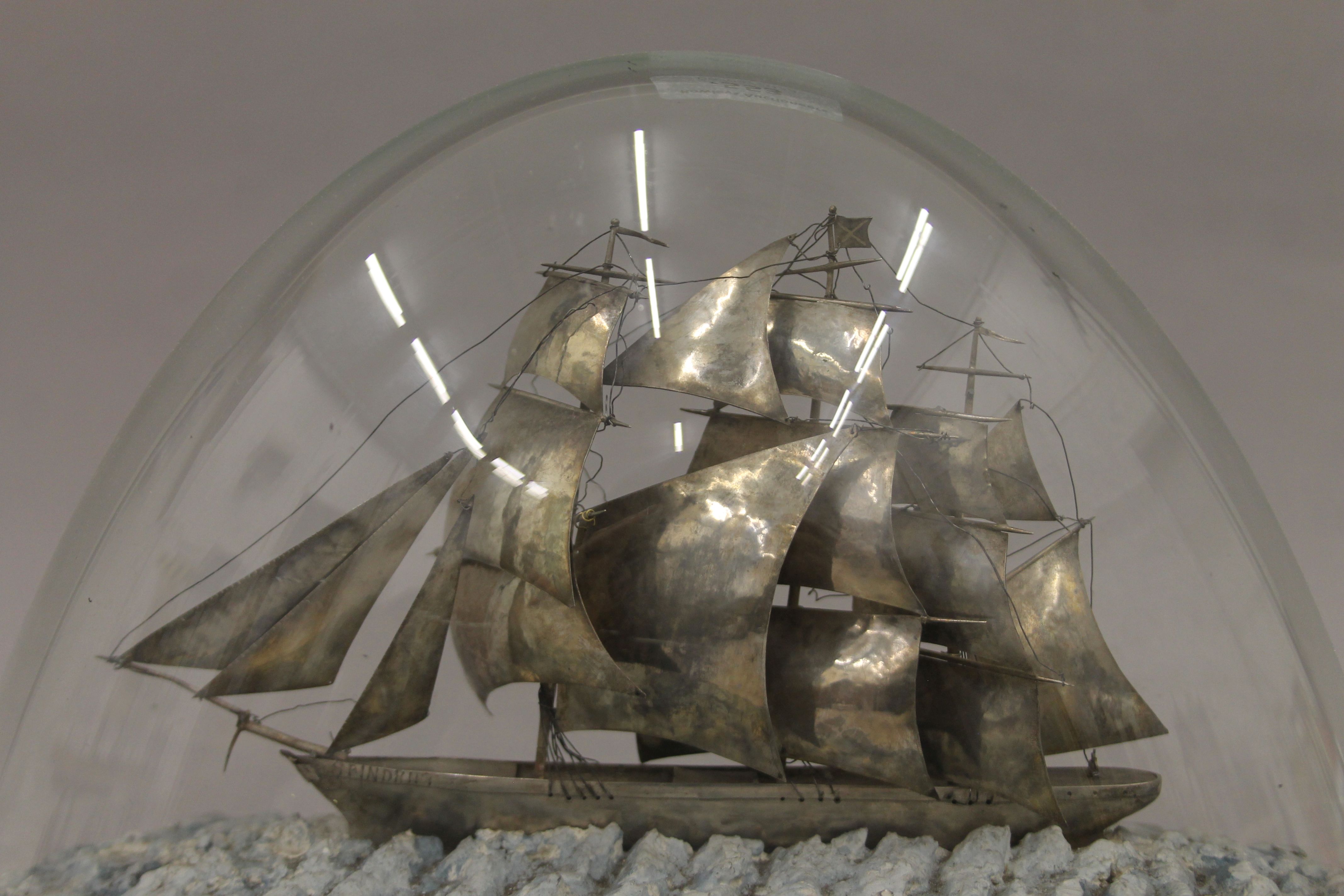 A 19th century Chinese silver model of the tea clipper Spindrift under a glass dome. - Image 2 of 7