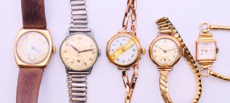 Five ladies wristwatches, including gold cased wristwatches.
