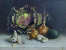 Contemporary Still Life of Vegetables, oil on board, signed with monogram, framed. 39 x 29.5 cm.