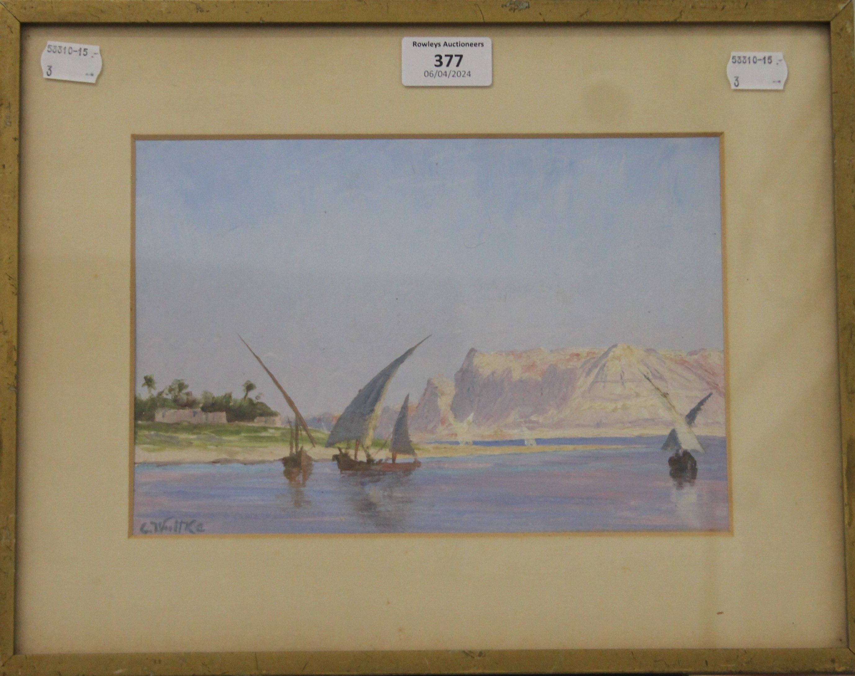 CARL WUTTKE (1849-1927) German, Felucca Boats on the Nile, oil, framed and glazed. 24.5 cm x 16. - Image 2 of 3