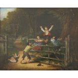 19TH CENTURY SCHOOL, Children Playing on a Gate, oil on canvas, framed. 52 x 42 cm.