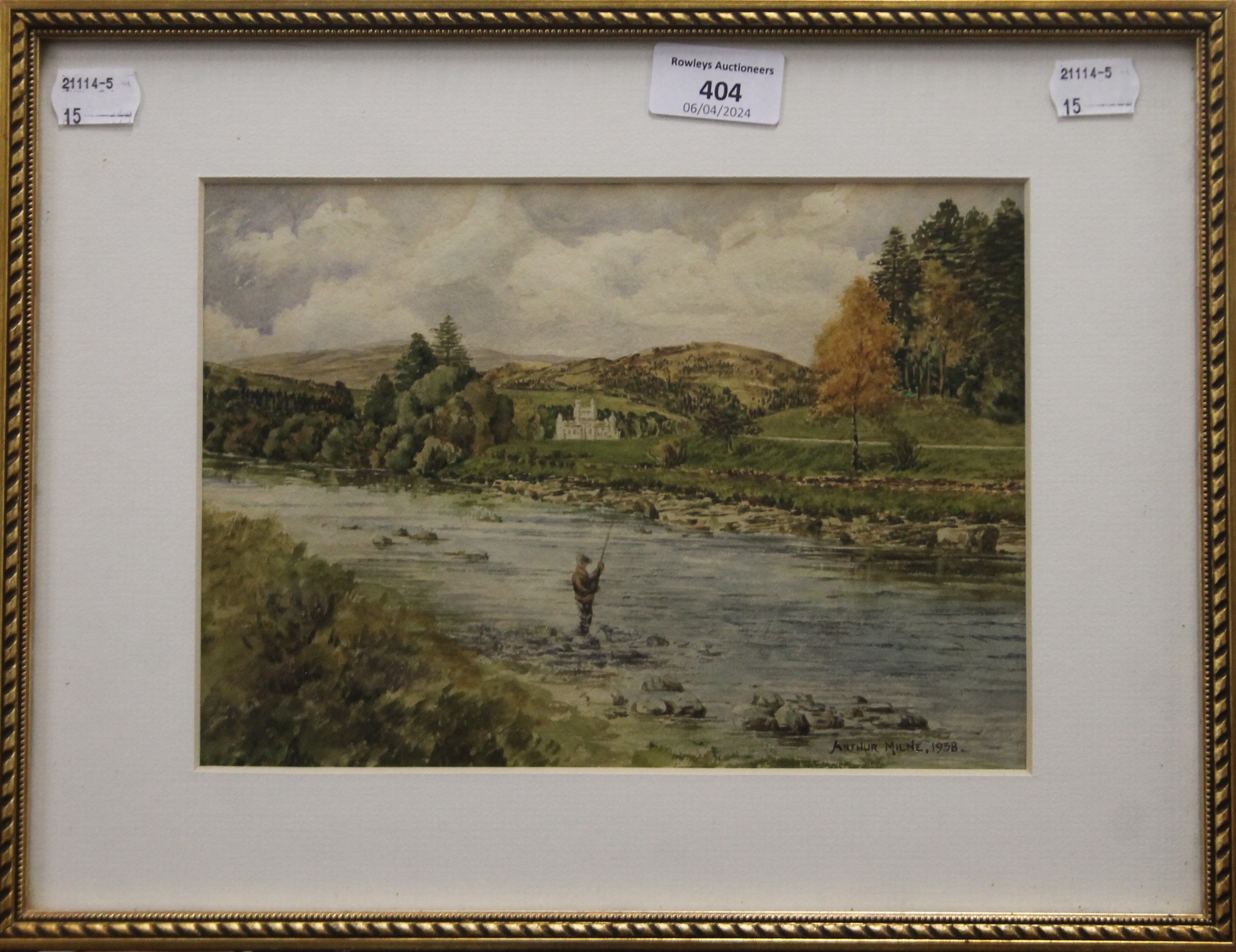 ARTHUR EDWARD MILNE (1888-1981), Fly Fishing, watercolour, dated 1958, signed, framed and glazed. - Image 2 of 3