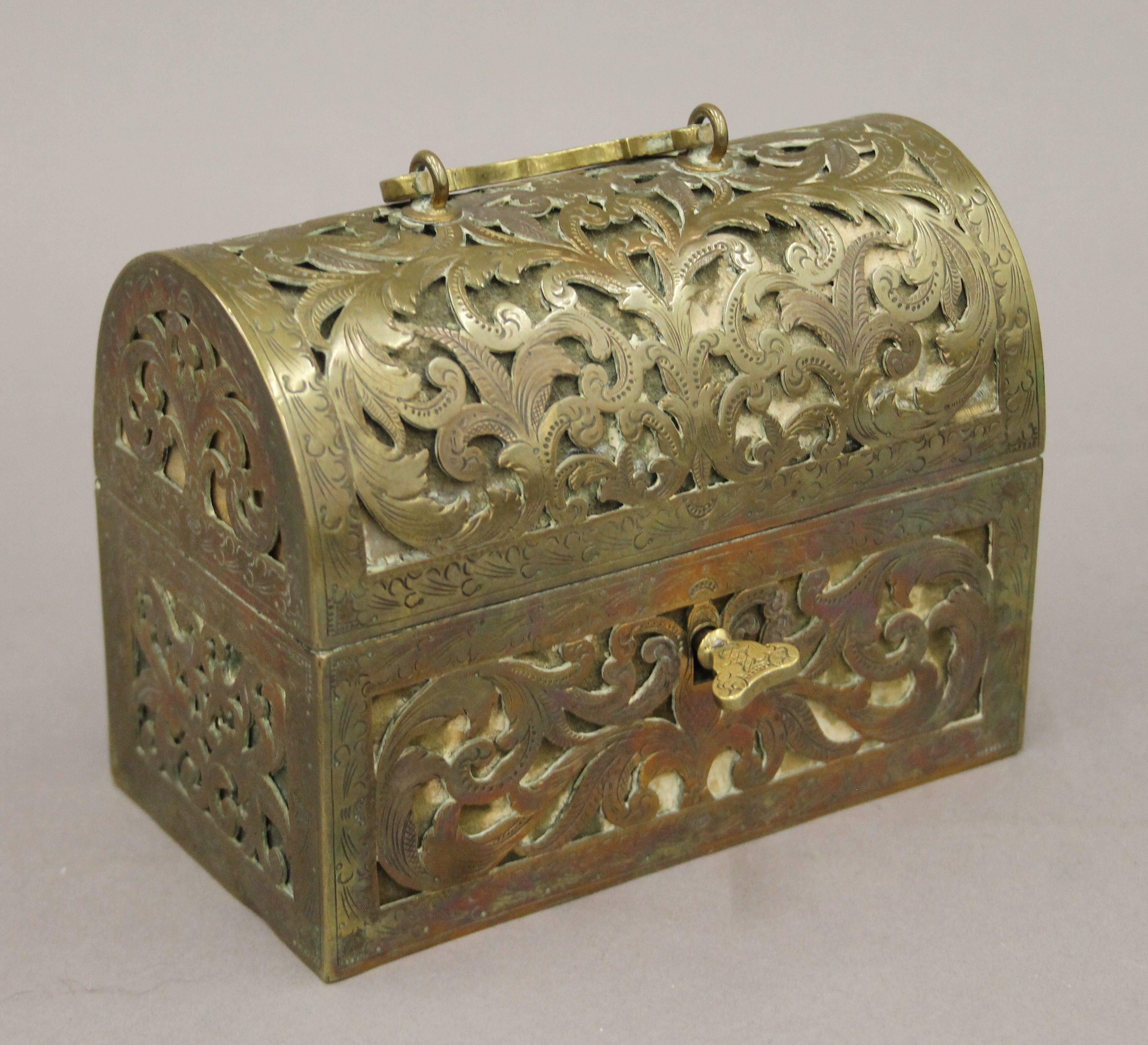 An antique dome-shaped pierced brass velvet-lined perfume casket containing three gilded cut glass - Image 3 of 6