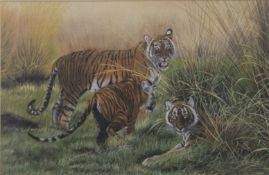 Three Tigers, print, framed and glazed. 87 x 6.5 cm overall.