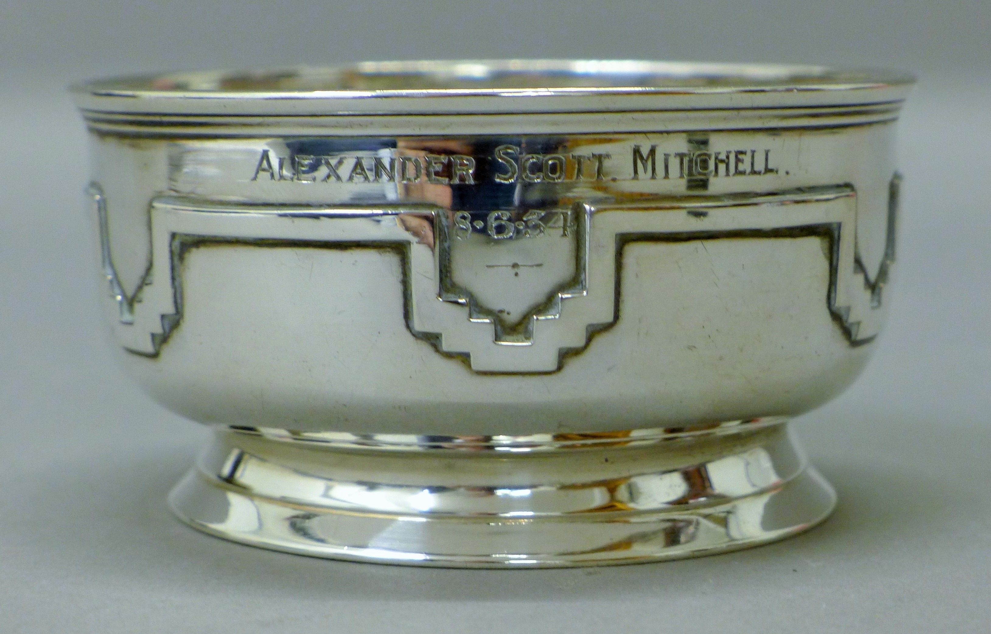 An Art Deco silver sugar bowl inscribed Alexander Scott Mitchell 8.6.34. 10 cm diameter. - Image 2 of 4