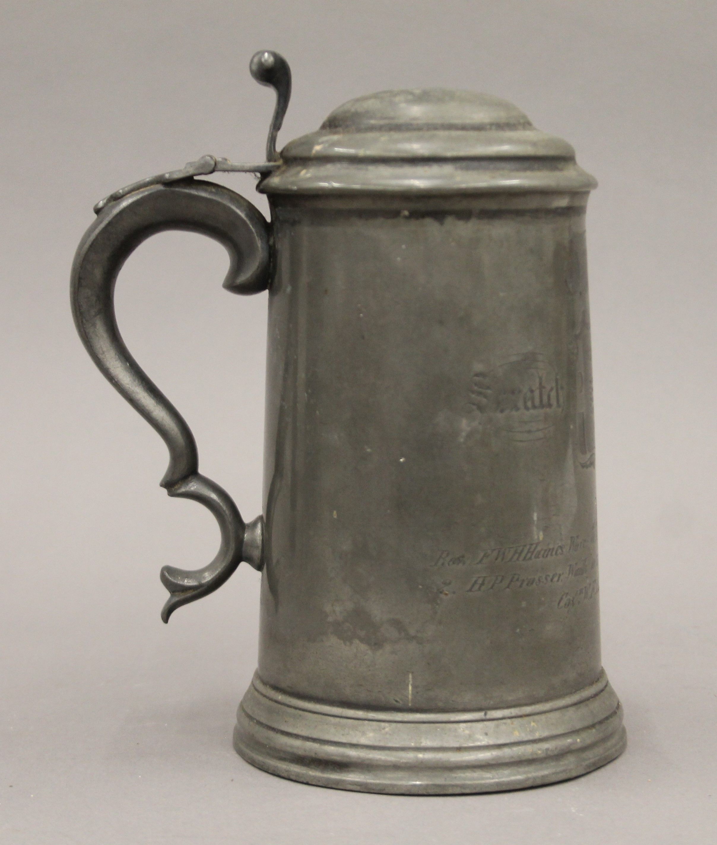 A 19th century pewter lidded tankard with scratch fours inscription. 21 cm high. - Image 2 of 6