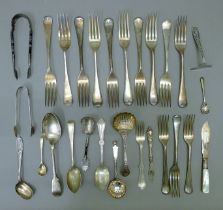 A quantity of silver plated cutlery and a silver-lidded glass jar. The latter 6 cm high.