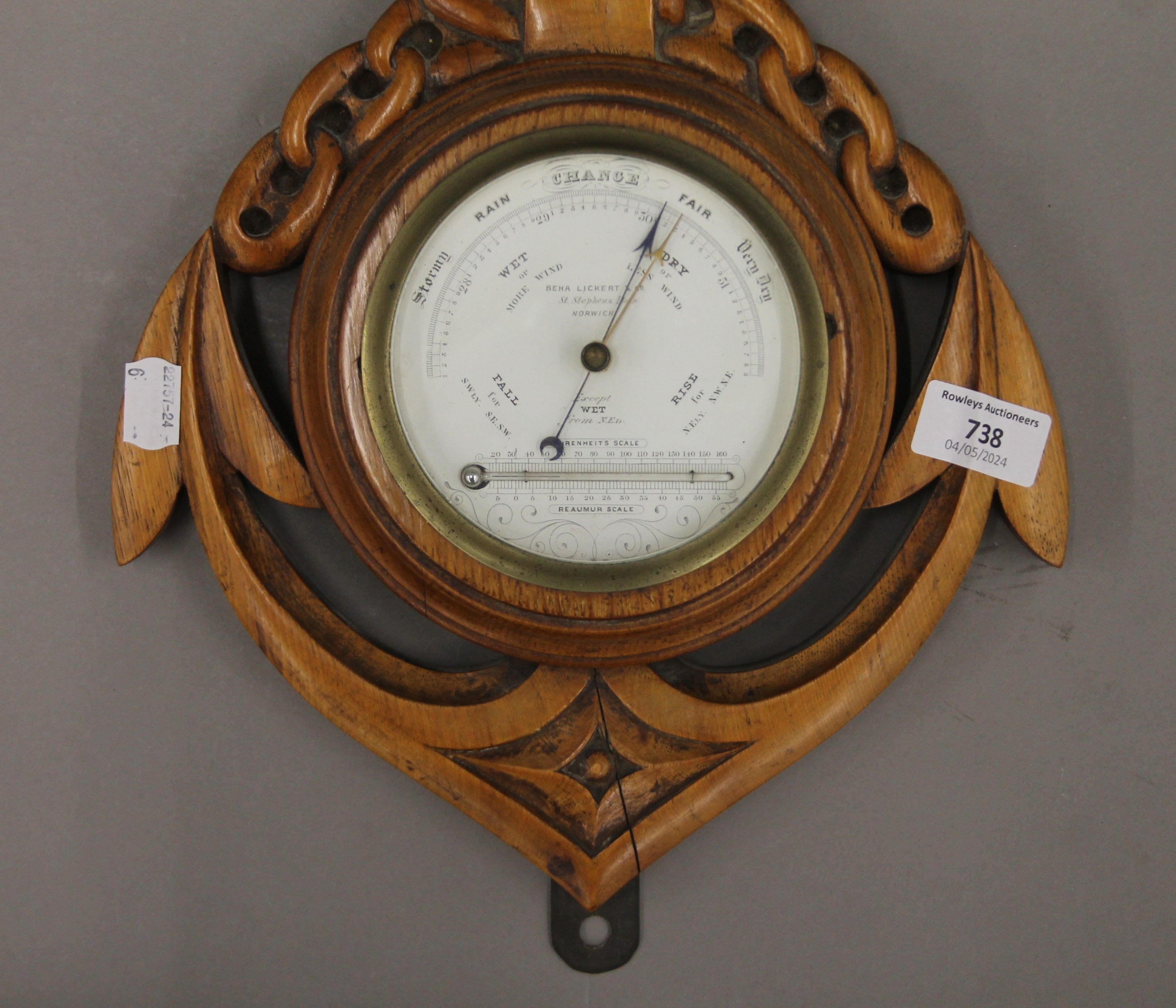 A Victorian carved oak clock/barometer formed as an anchor. 50 cm high. - Image 3 of 4