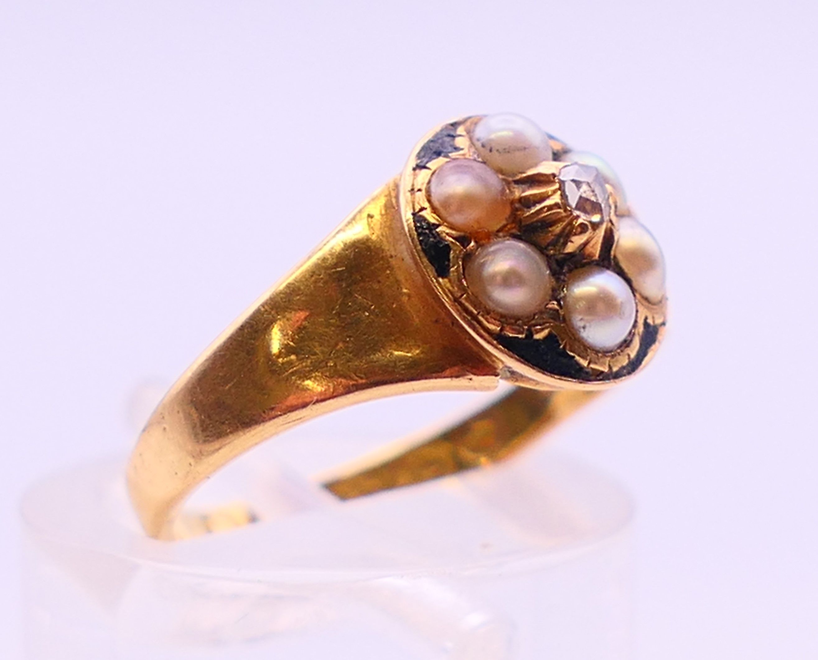 A Victorian 18 ct gold, pearl and rose diamond cluster ring, hallmarked Birmingham 1863. - Image 3 of 7