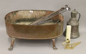 A quantity of various metalware, including fire irons and a copper pan. The latter 64 cm long.