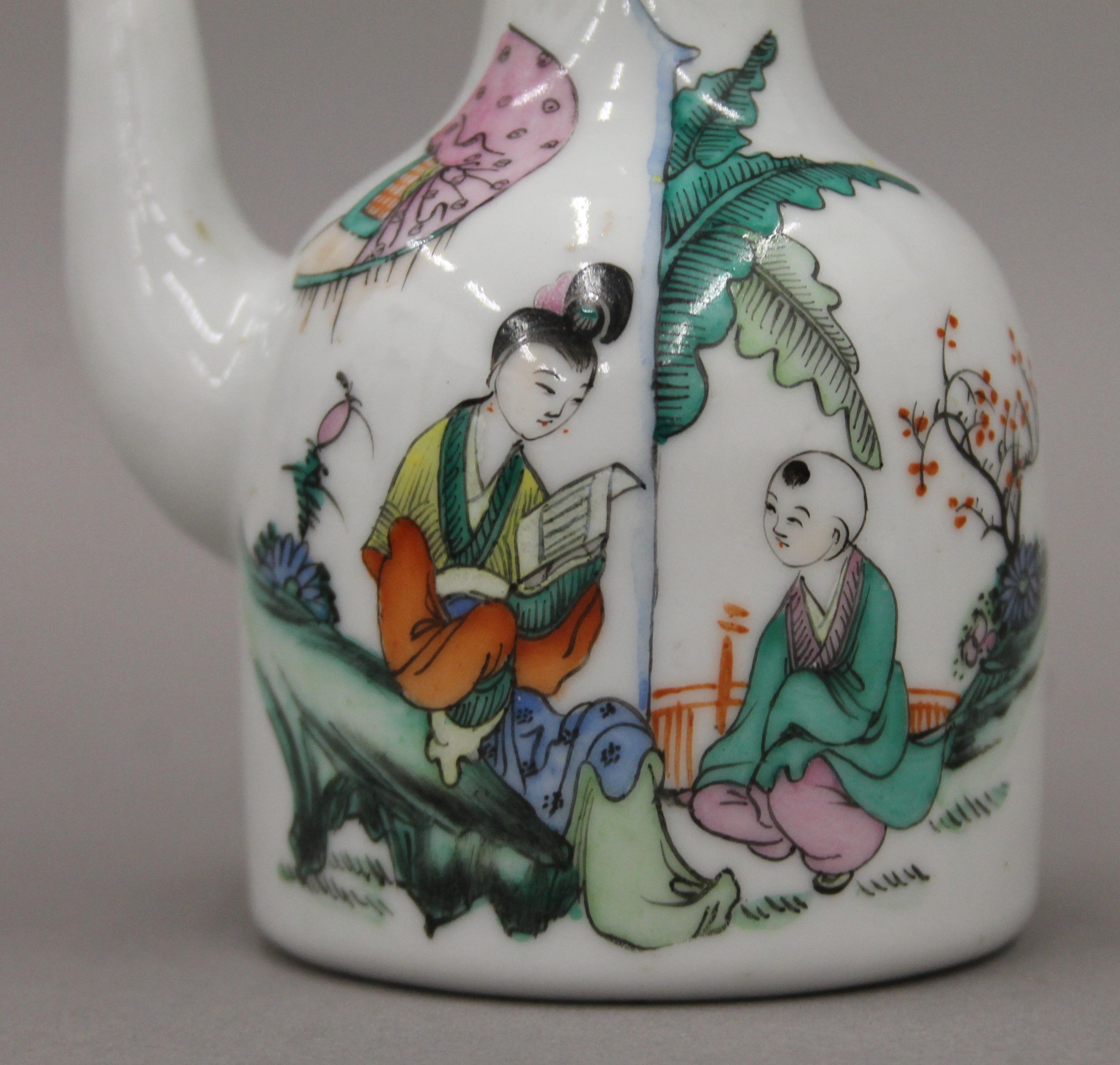 A 20th century Chinese porcelain water dropper hand-painted with scholars and calligraphy. - Image 3 of 6
