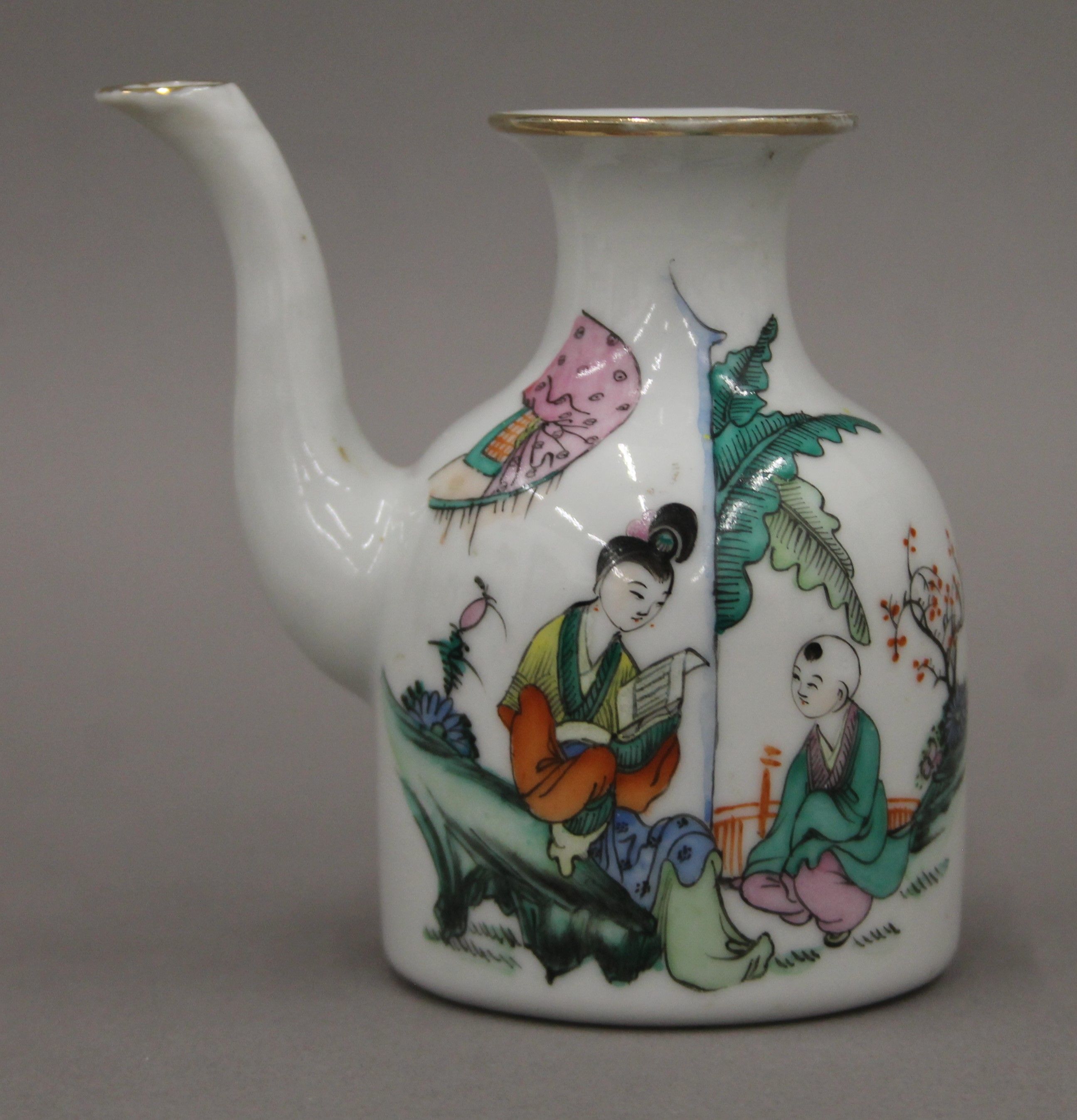A 20th century Chinese porcelain water dropper hand-painted with scholars and calligraphy. - Image 2 of 6