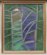 A framed stained glass panel. 44.5 x 52.5 cm overall.