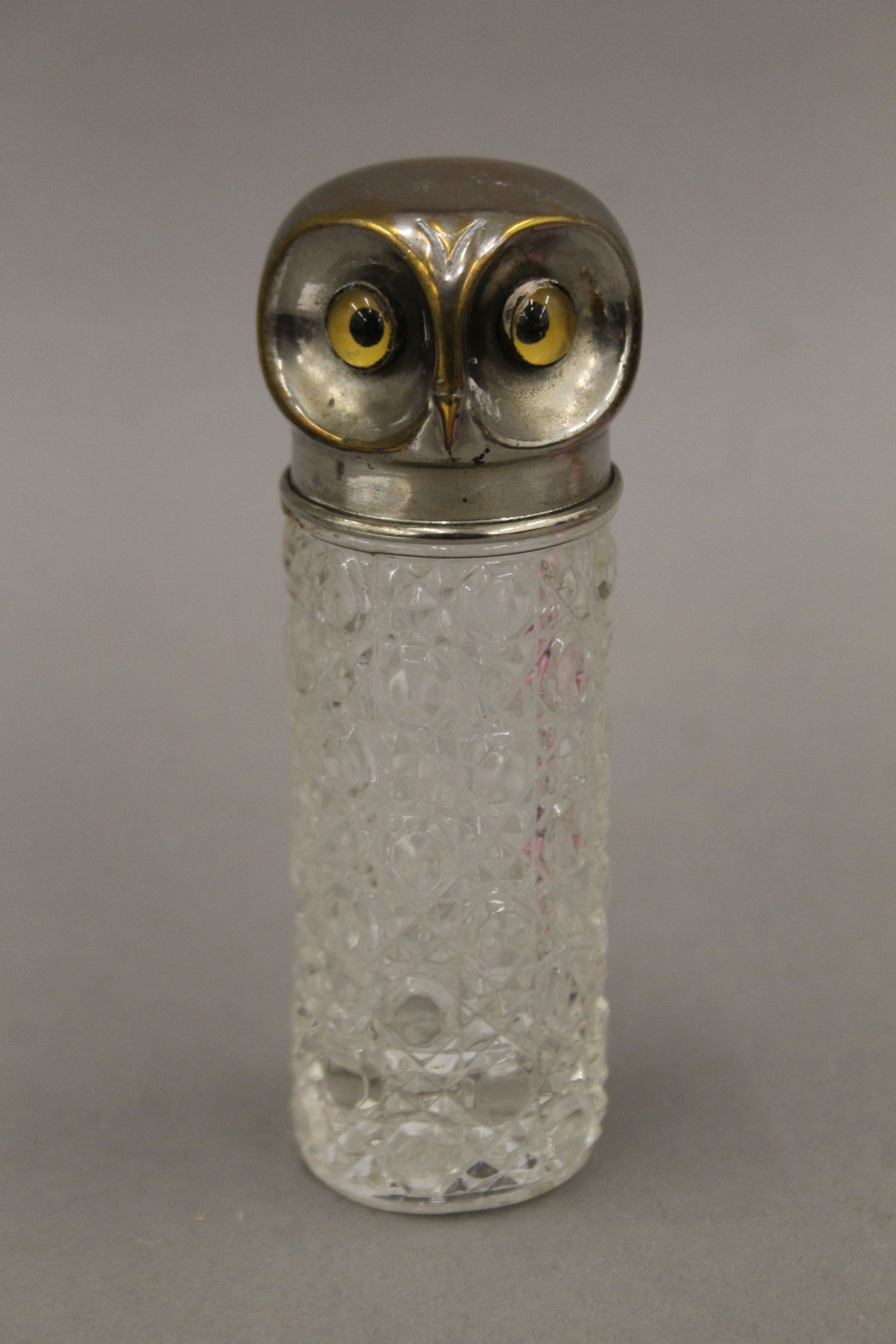 Three perfume bottles, one with silver-plated lid modelled as an owl. 11.5 cm high. - Image 4 of 7