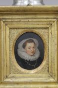 A late 16th century painting on copper of a lady in typical attire wearing a gold necklace and