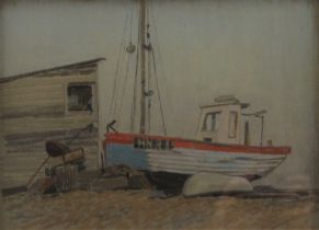 WILLIAM HENRY INNES (AR), Beached Boats, pastel, framed and glazed. 36.5 x 26.5 cm.