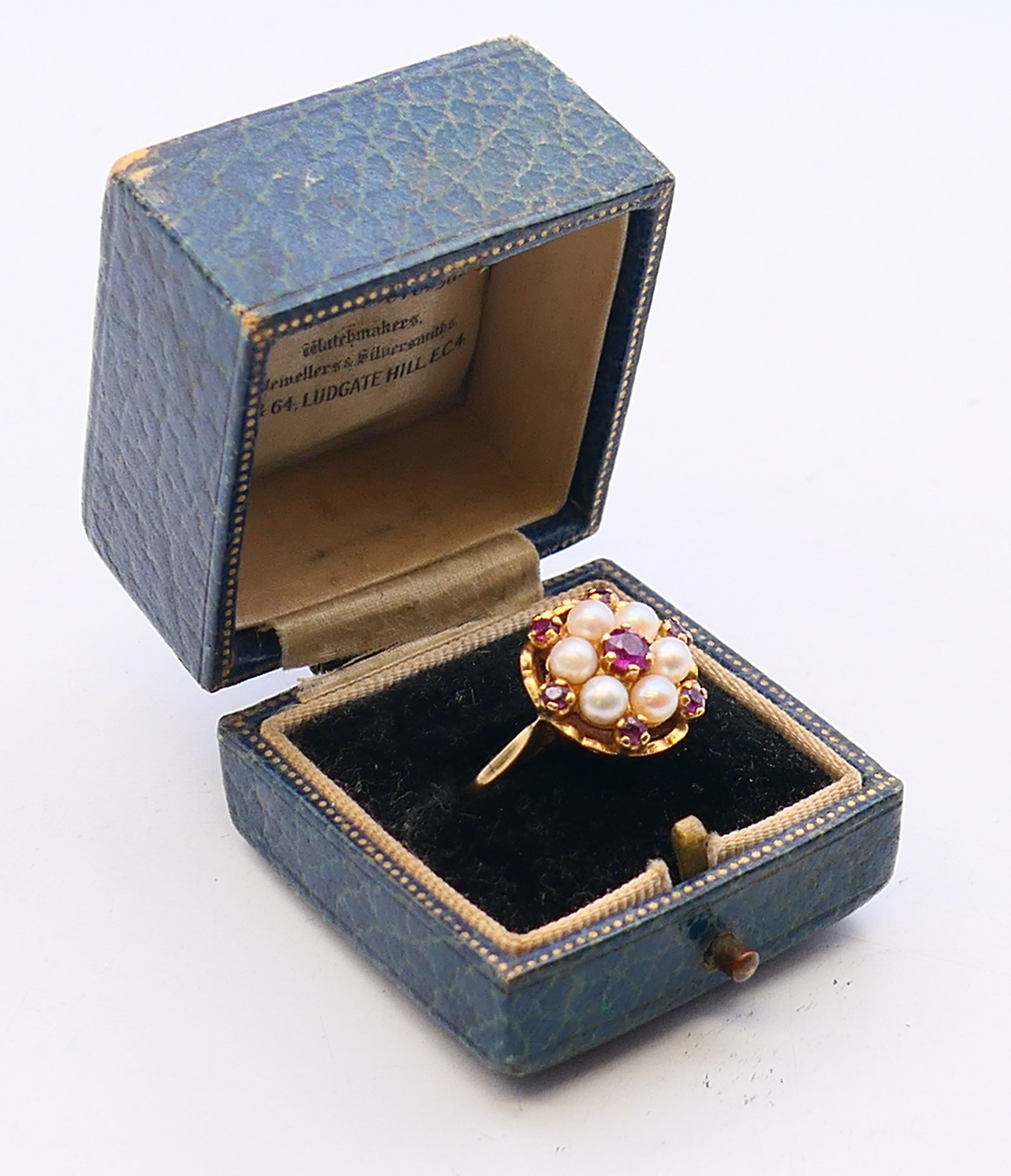 A 9 ct gold, pearl and ruby cluster ring. Ring size M. - Image 8 of 8