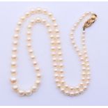 A pearl necklace with 9 ct gold clasp. 43 cm long.