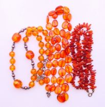 Three vintage amber necklaces. The longest 60 cm.