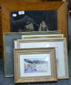 A Victorian needlework and other paintings and prints. The former 43.5 x 48 cms.