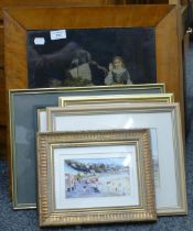 A Victorian needlework and other paintings and prints. The former 43.5 x 48 cms.