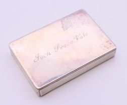 A Victorian silver snuff box, the lid inscribed Jack Peace Vale. 7.25 x 5.5 cm.