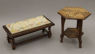 A floral carved side table together with an embroidered footstool. The table 41 cm wide.