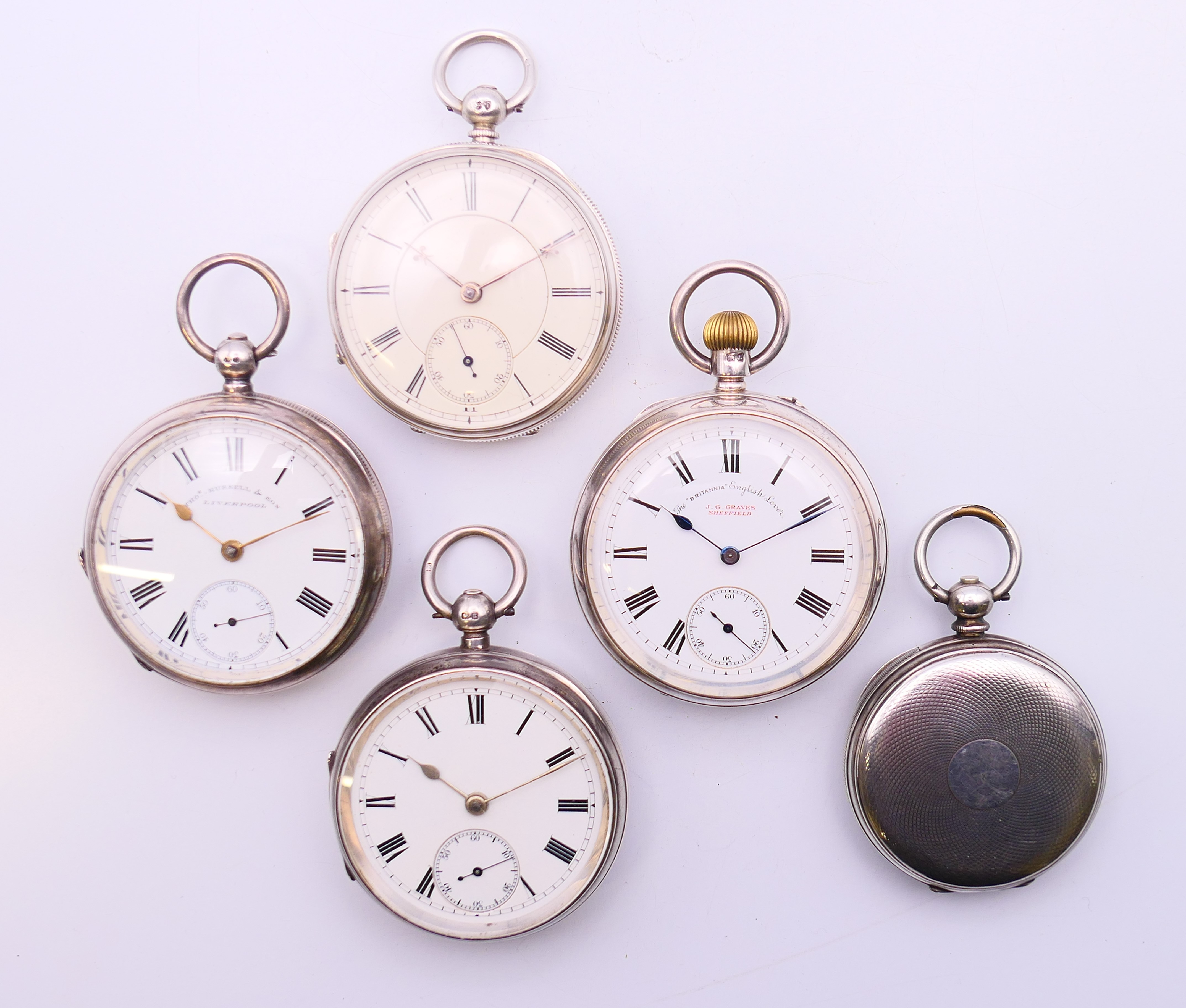 Five various silver pocket watches,