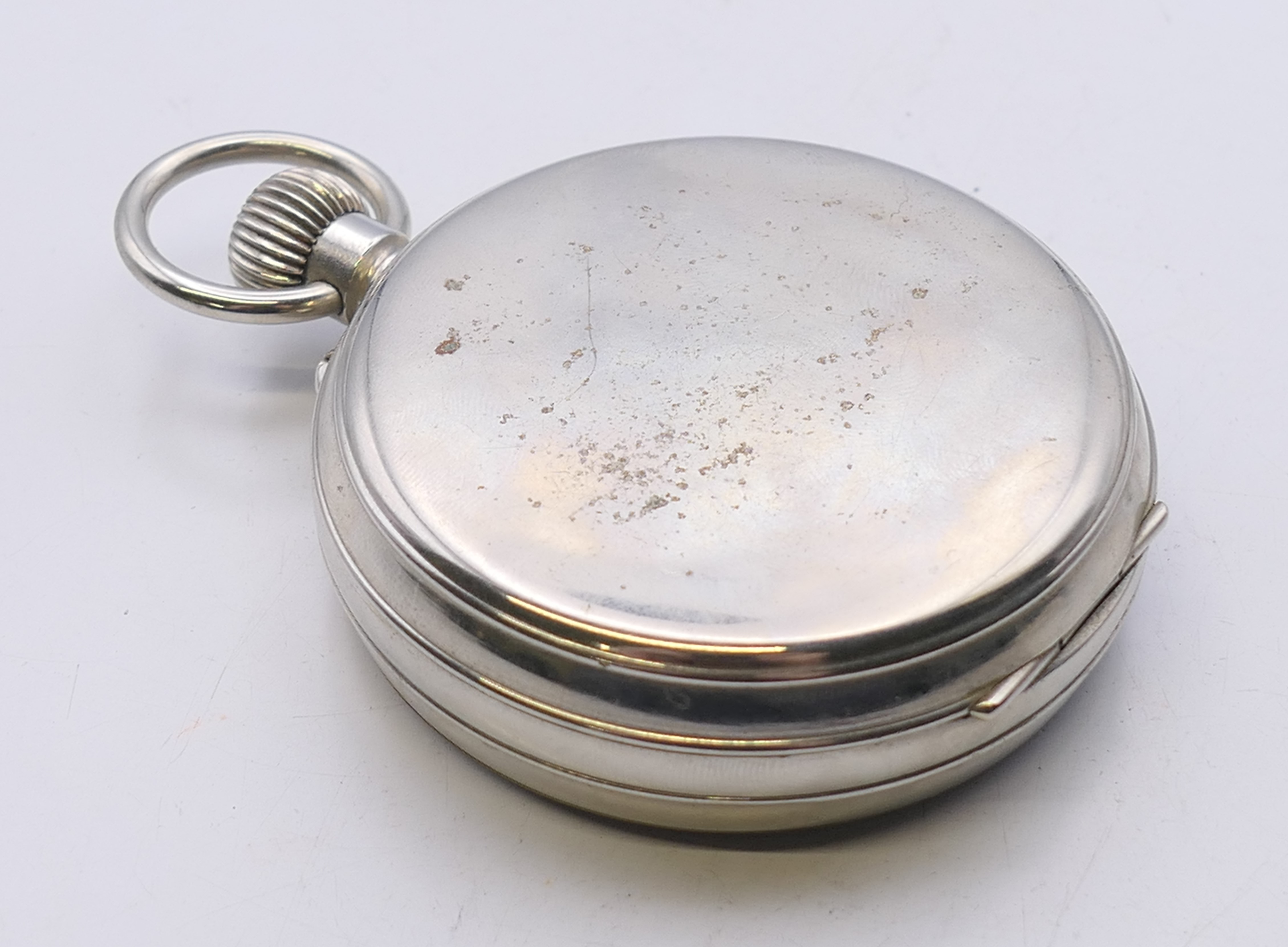 A Swiss silver plated Goliath pocket watch, housed in a silver-clad travelling case. - Image 9 of 9