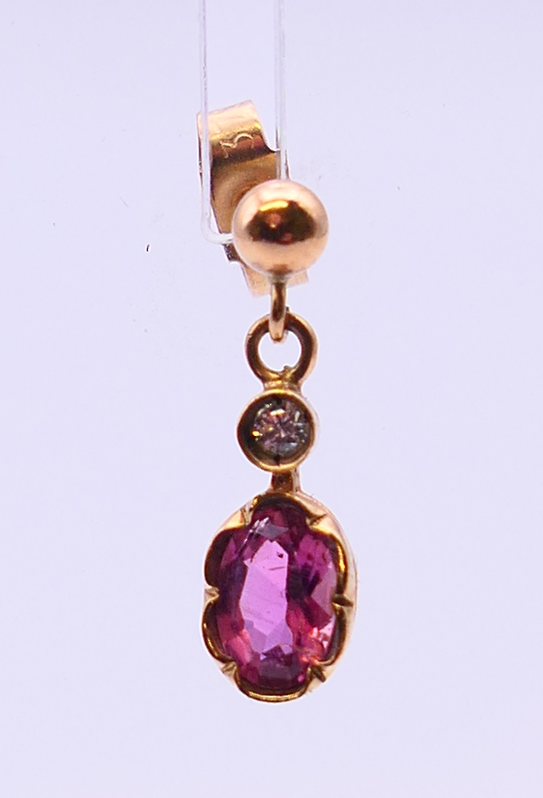 A pair of 9 ct gold oval pink gem earrings (believed to be tourmaline) with brilliant cut diamond. - Image 3 of 4