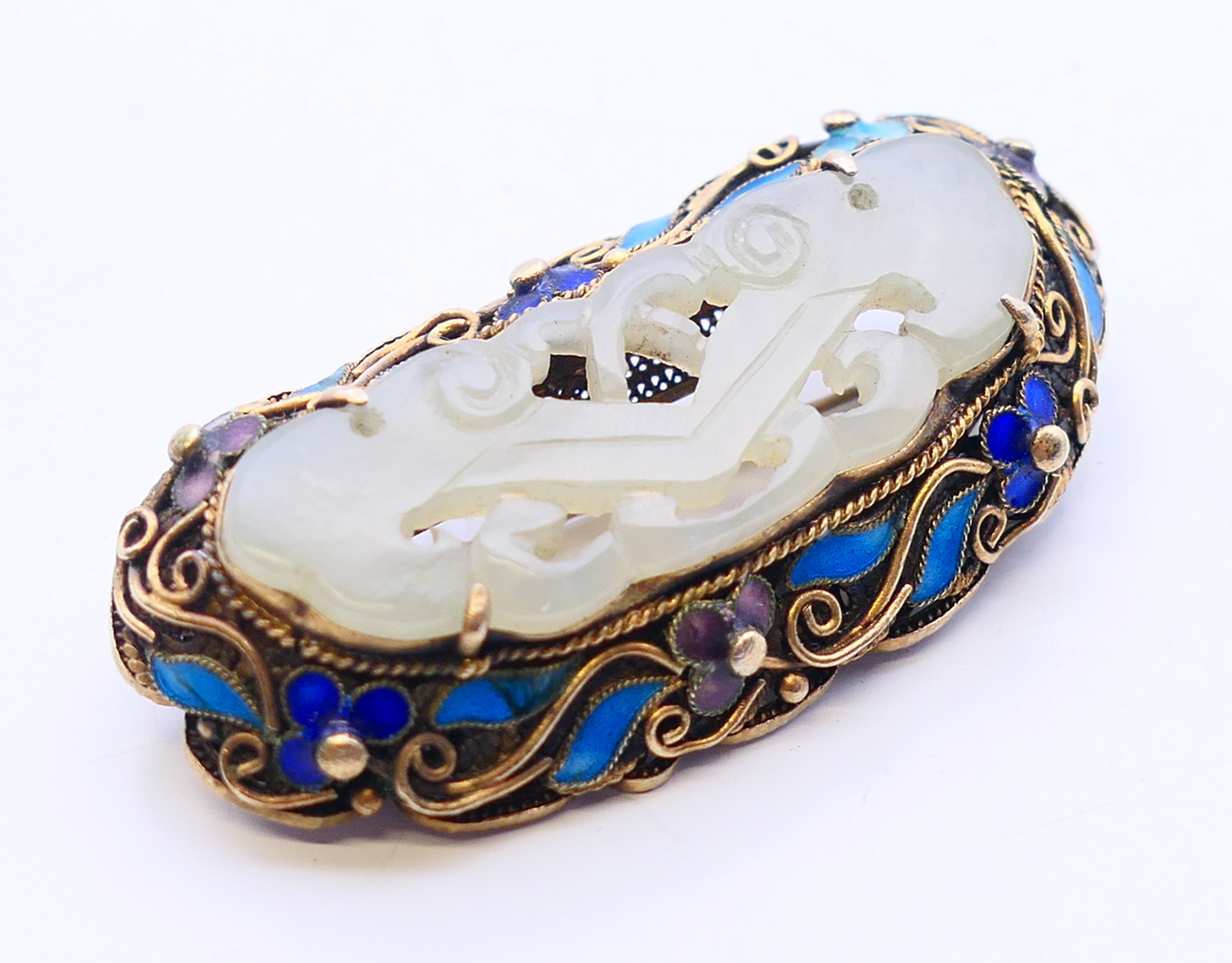 A Chinese silver, enamel and jade brooch. 5 cm x 2.5 cm. - Image 2 of 4