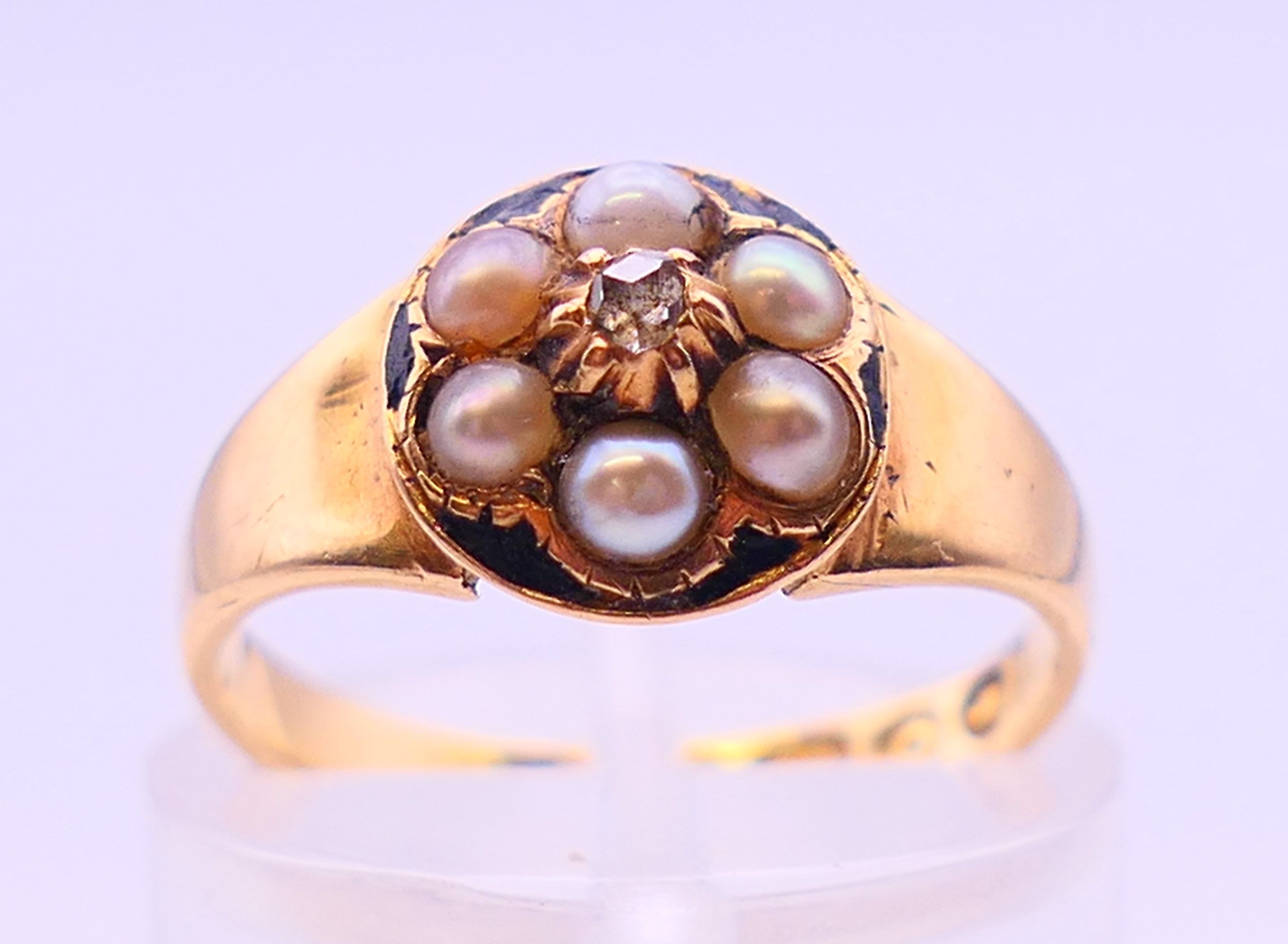 A Victorian 18 ct gold, pearl and rose diamond cluster ring, hallmarked Birmingham 1863. - Image 2 of 7