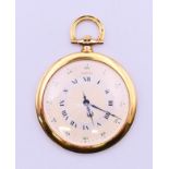 An 18 ct gold Cartier slimline open face pocket watch on black enamel 14 ct gold chain together