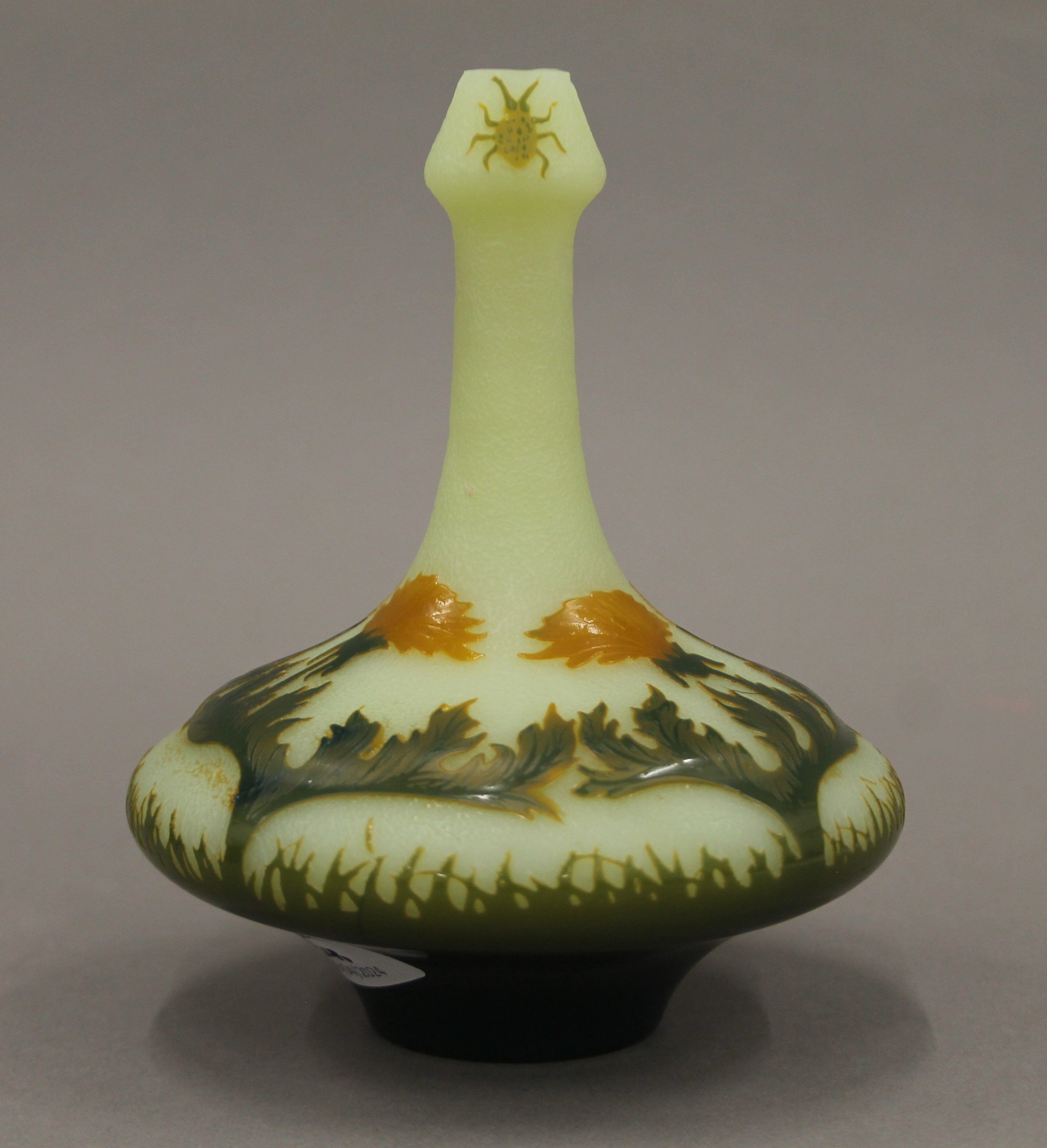 A French acid-etched cameo glass vase of squat shape, the bottle neck decorated with two beetles, - Image 2 of 6