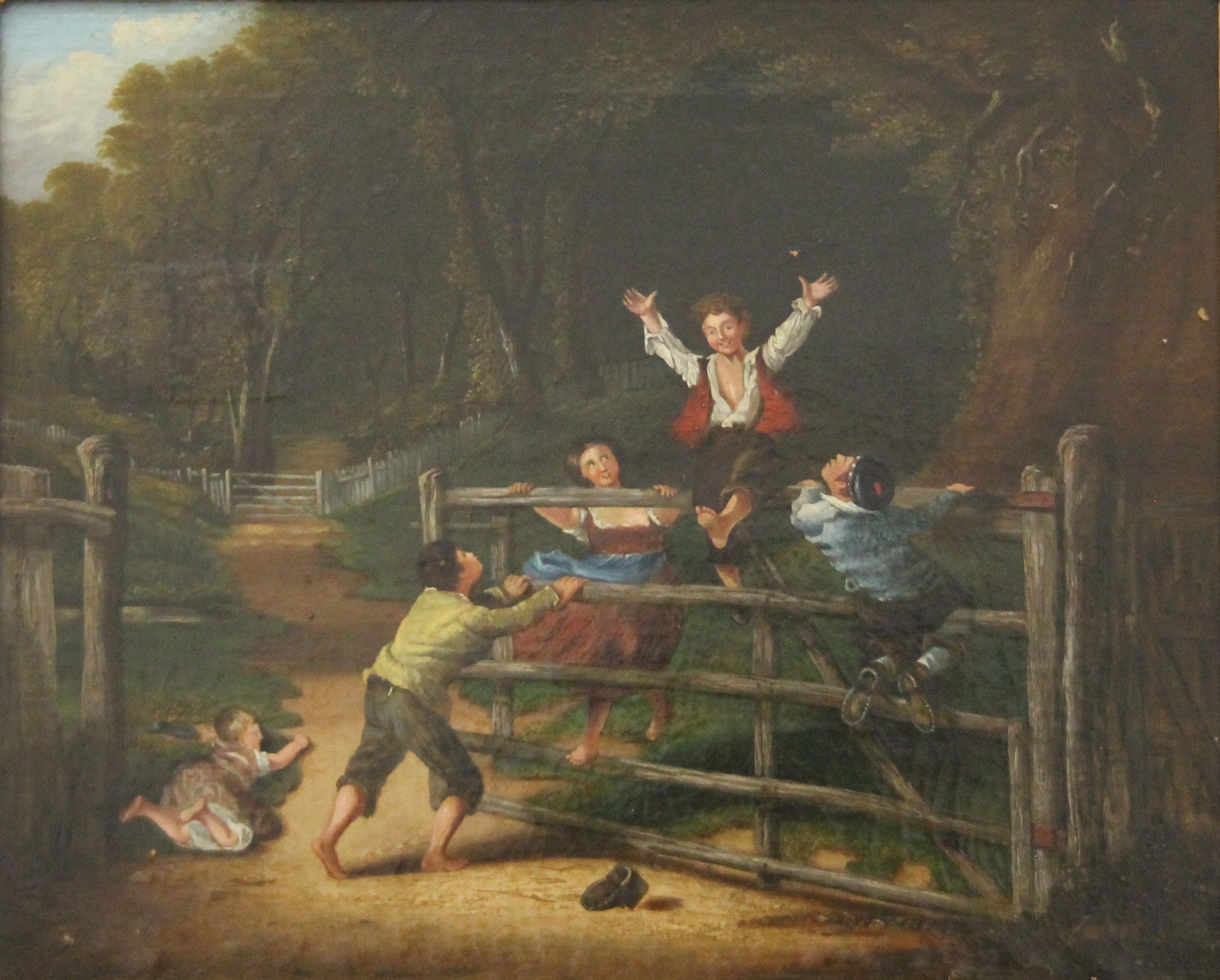 19th CENTURY SCHOOL, Children Playing on a Gate, oil on canvas, framed. 52 x 42 cm.