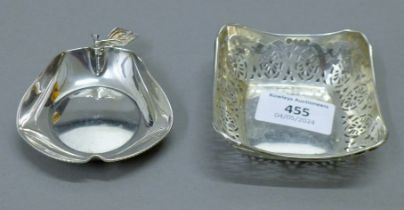 A small pierced silver bonbon dish and an 830 silver bonbon dish formed as a pear.