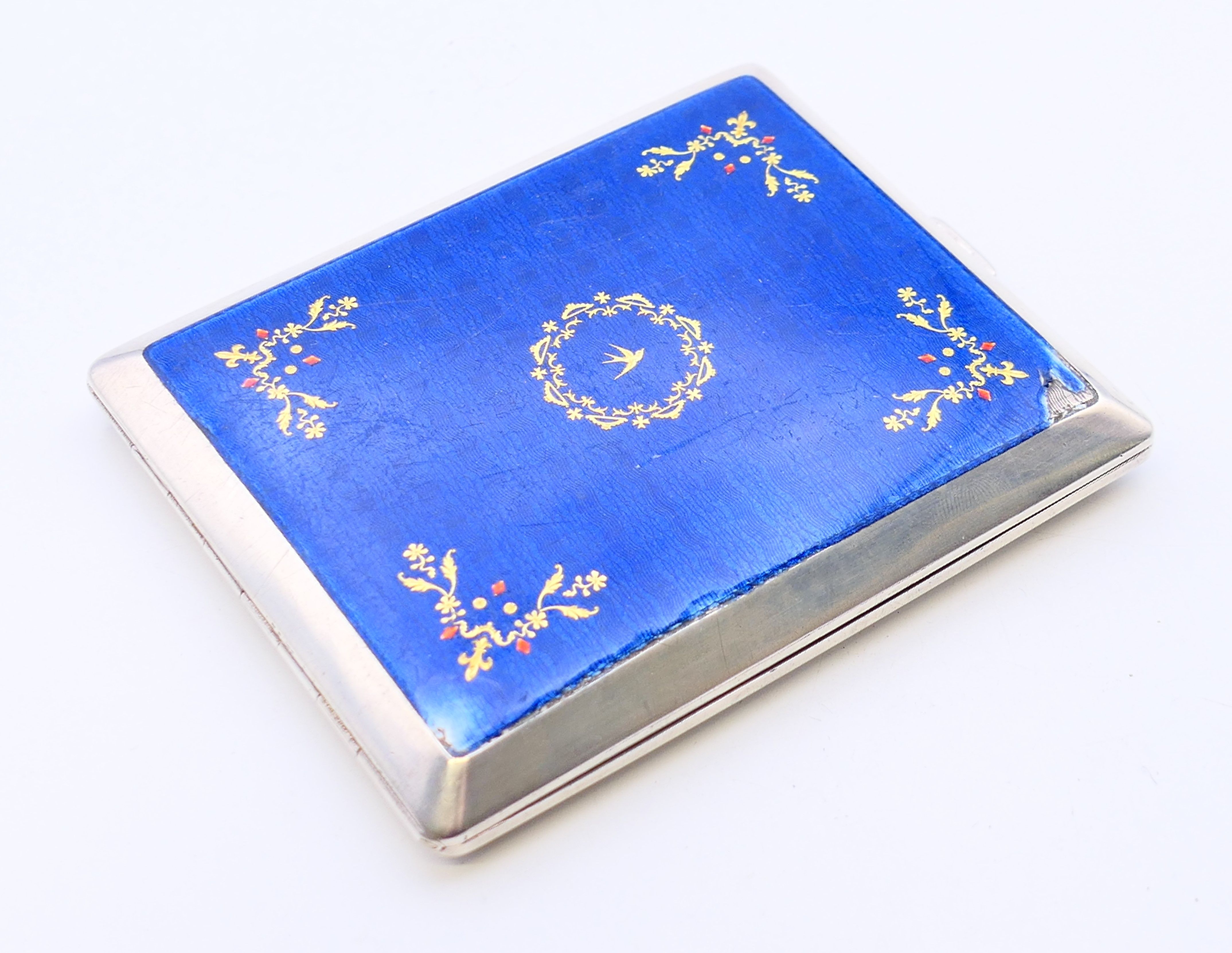 A continental silver and blue enamel cigarette case. 10 cm x 8 cm. - Image 2 of 8