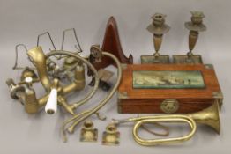 A quantity of miscellaneous items, including a brass mixer tap, a painted box, brass candlestick,