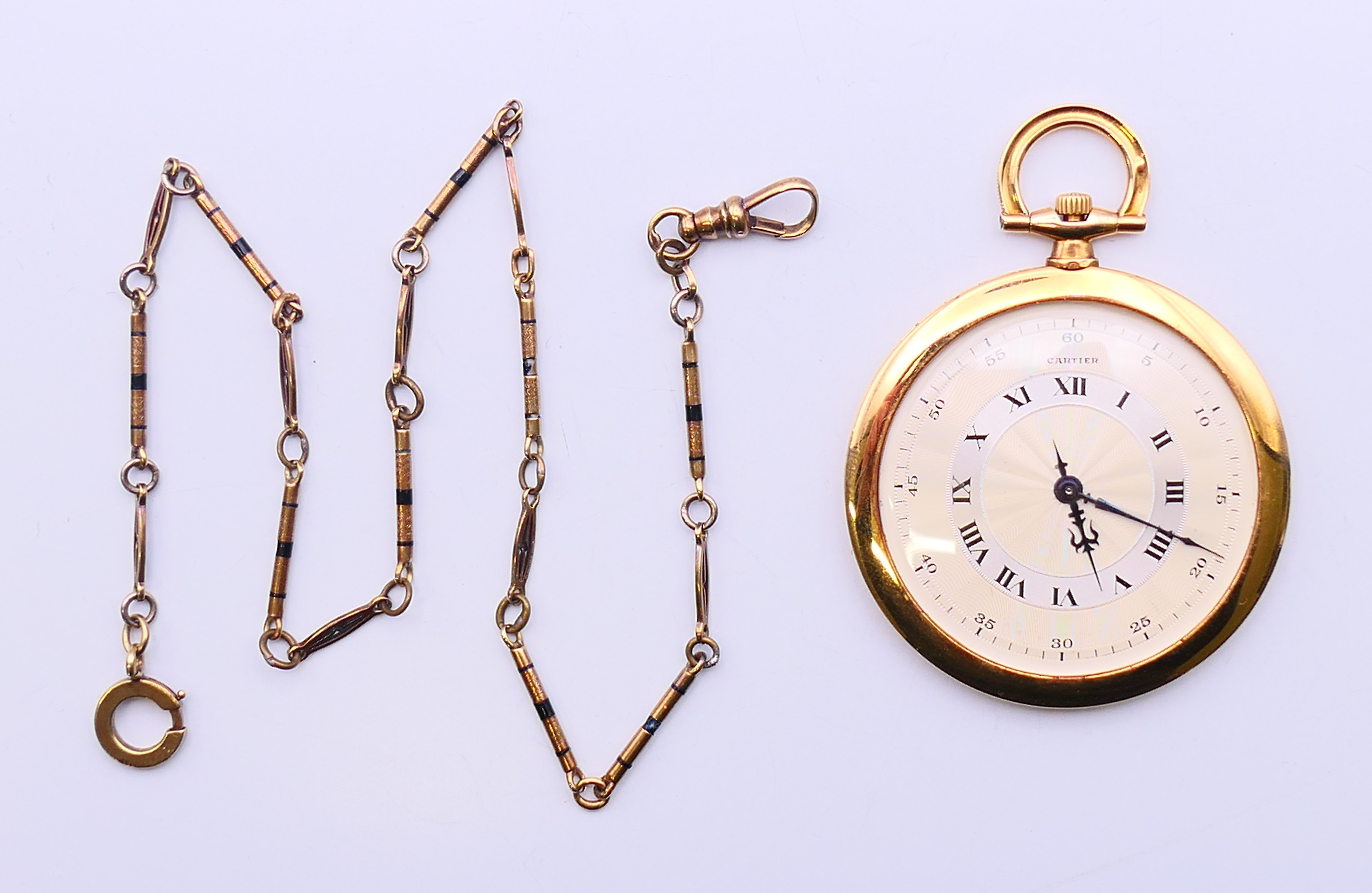 An 18 ct gold Cartier slimline open face pocket watch on black enamel 14 ct gold chain together - Image 3 of 15