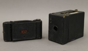 An Ensign No.3 Carbine camera and a Kodak No. 2 cartridge Hawk-eye Model B camera.