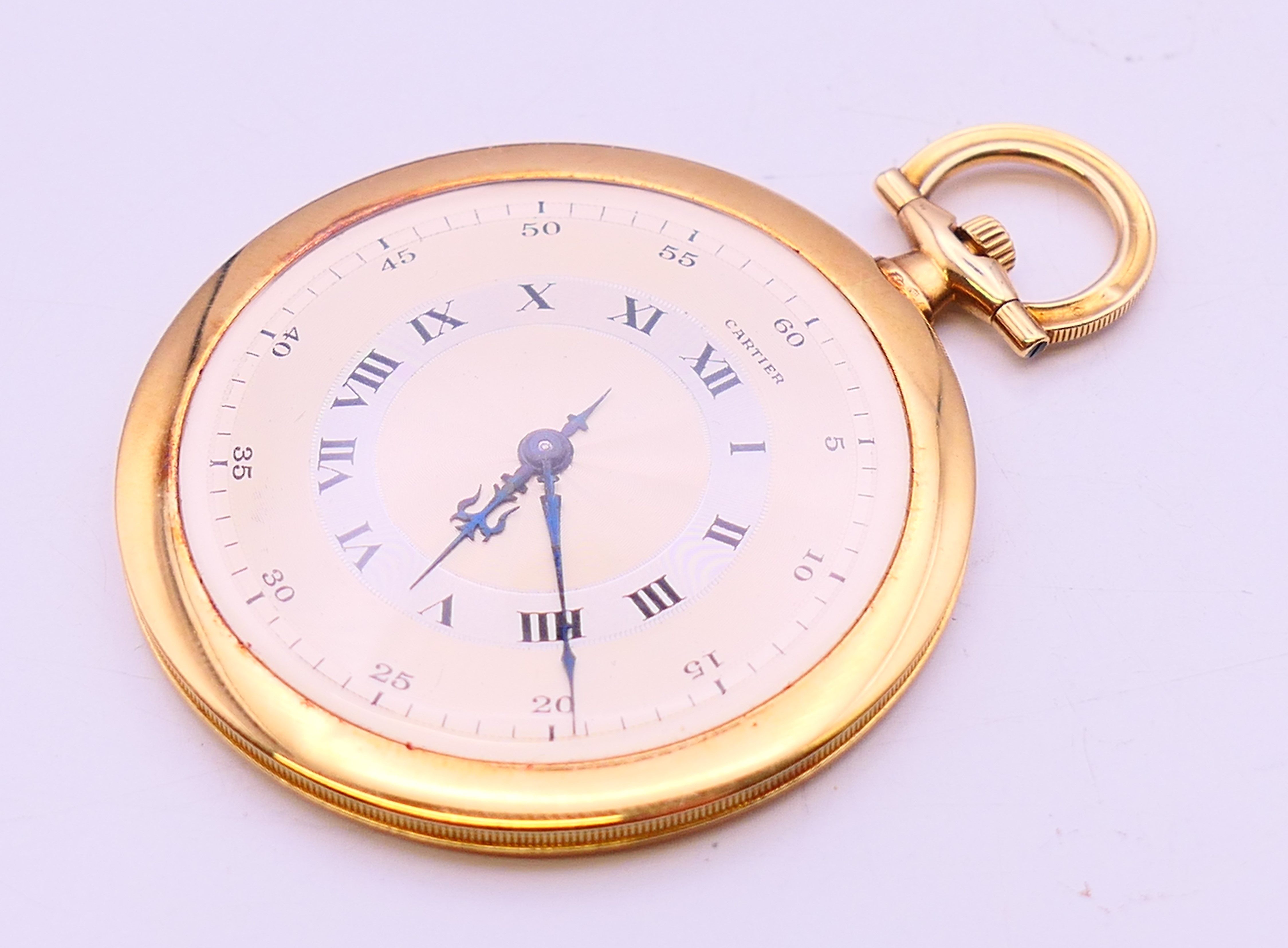 An 18 ct gold Cartier slimline open face pocket watch on black enamel 14 ct gold chain together - Image 4 of 15