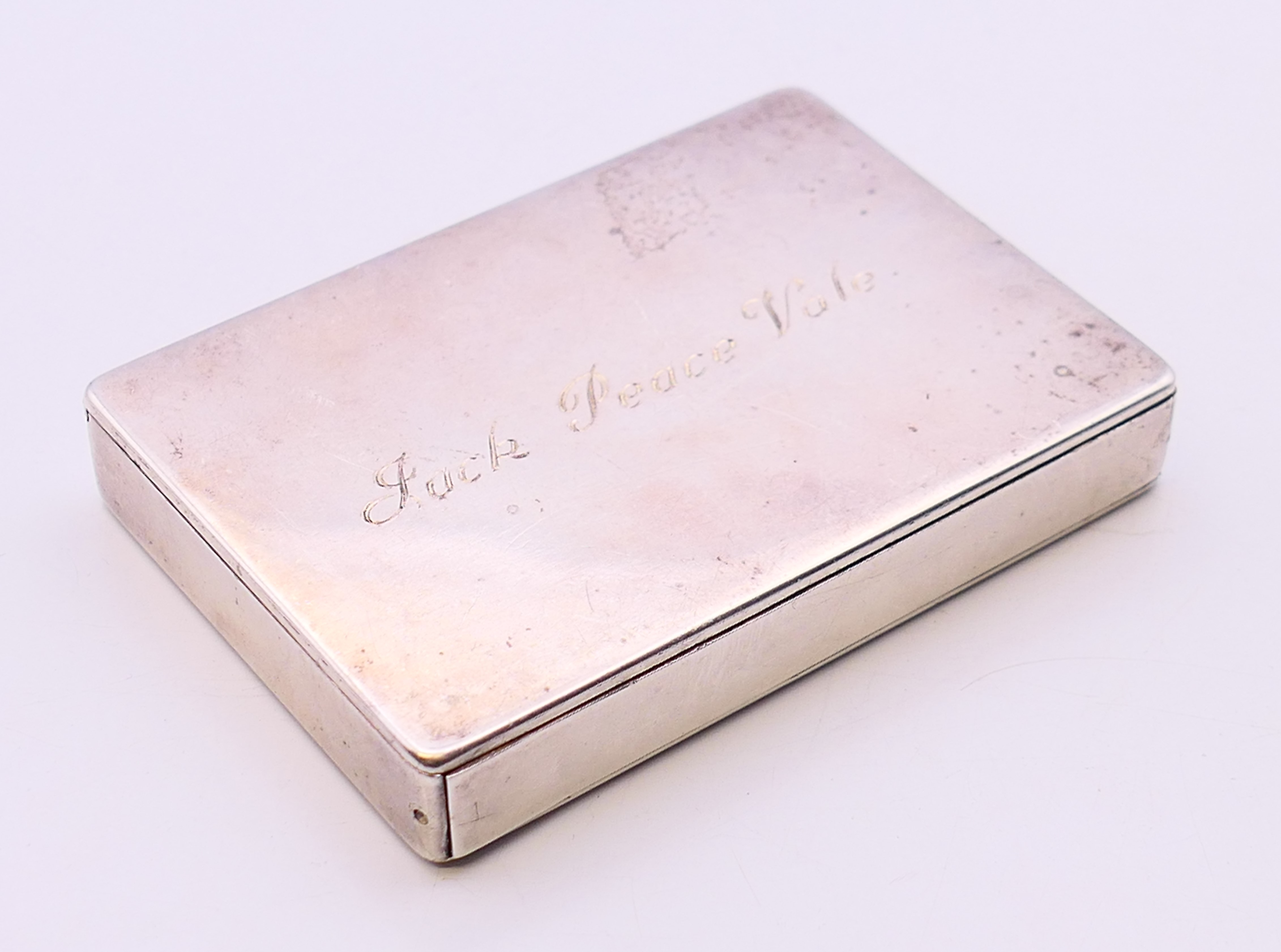 A Victorian silver snuff box, the lid inscribed Jack Peace Vale. 7.25 x 5.5 cm. - Image 2 of 3