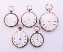 Five silver pocket watches. Largest 5 cm diameter.