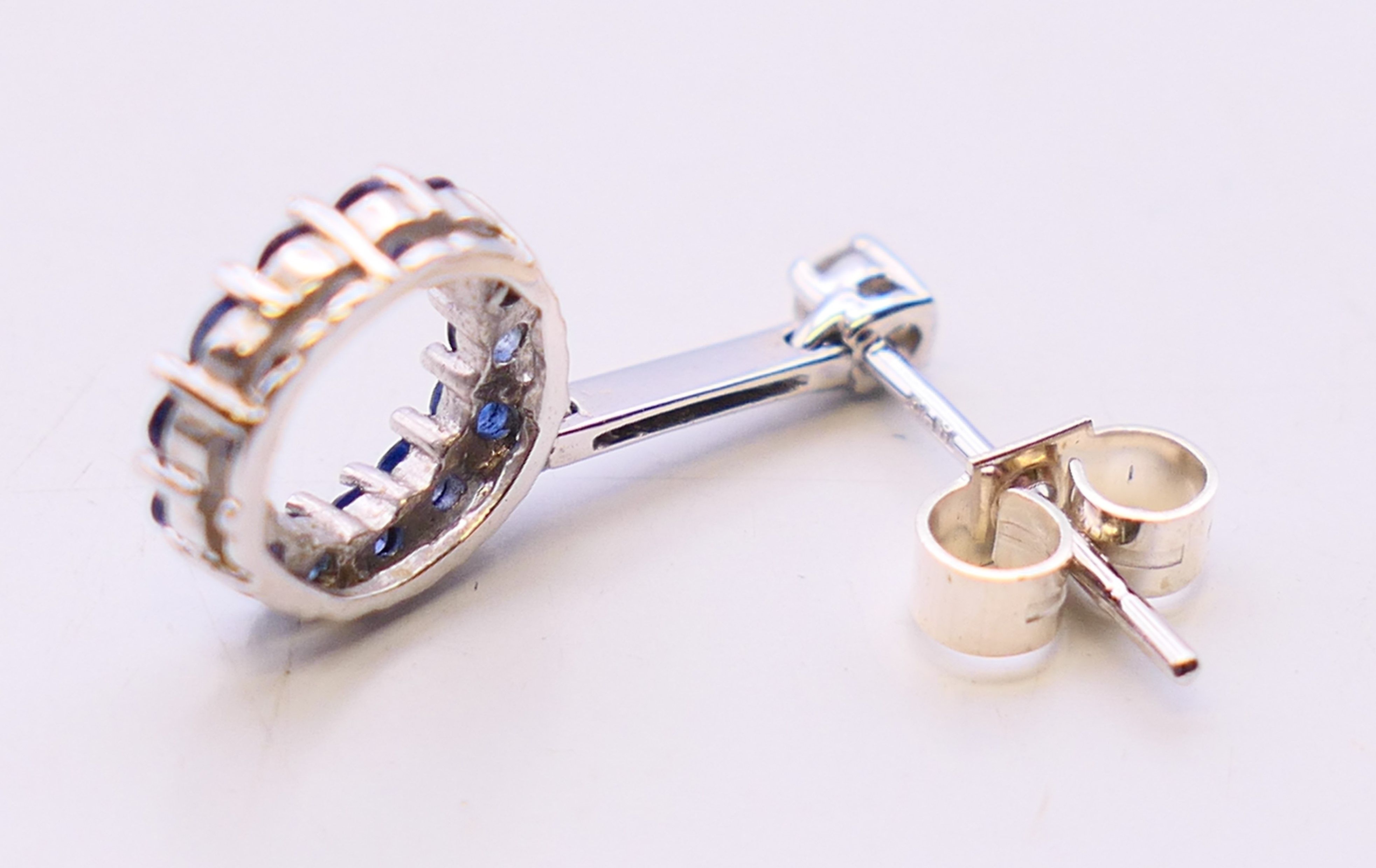 A pair of 18 ct white gold, diamond and sapphire drop earrings. 2 cm high. - Image 4 of 6