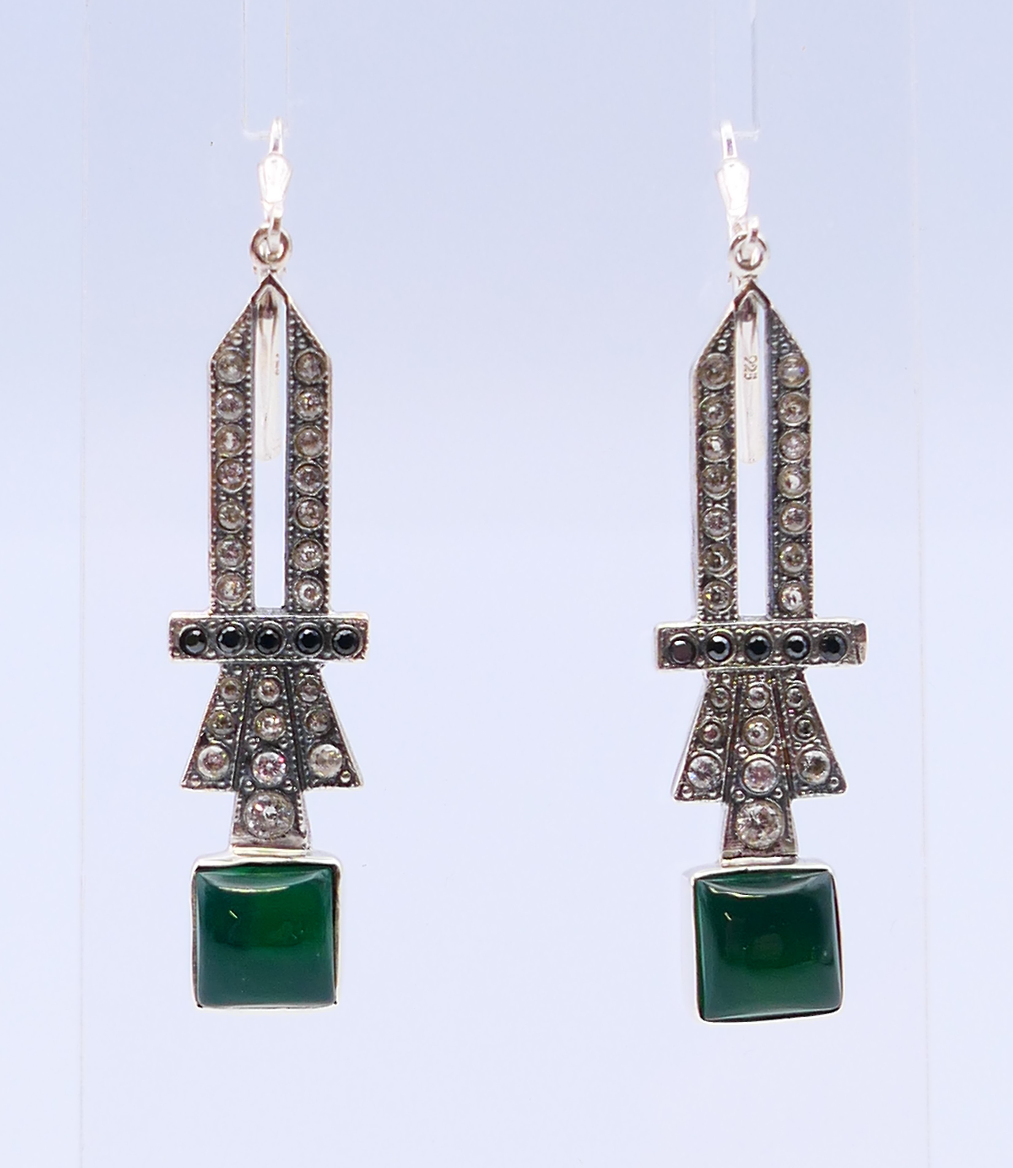 A pair of Art Deco style silver, jade and paste earrings. 4.5 cm high.