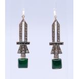 A pair of Art Deco style silver, jade and paste earrings. 4.5 cm high.