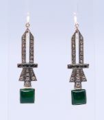 A pair of Art Deco style silver, jade and paste earrings. 4.5 cm high.