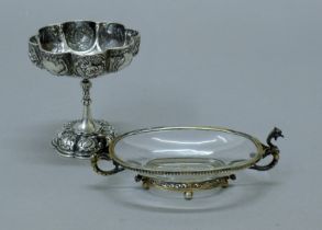 An 19th century Augsburg rock crystal and silver salt with dragon handles and a small 19th century