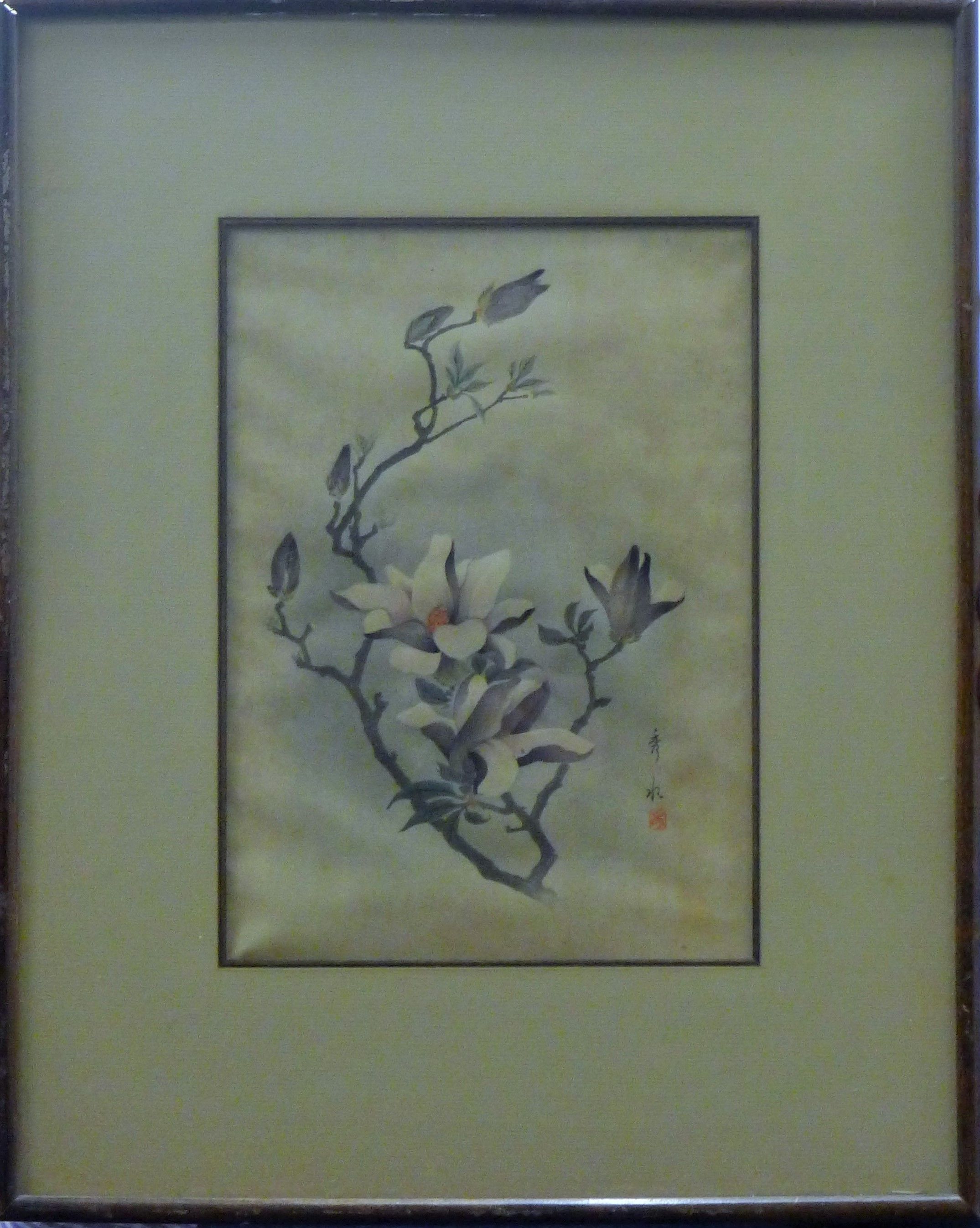 A Japanese wood block print and a framed Japanese silk picture. The former 25 x 35.5 cm. - Image 4 of 5