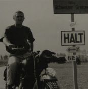 Steve McQueen (from the movie The Great Escape), a black and white photographic reproduction,